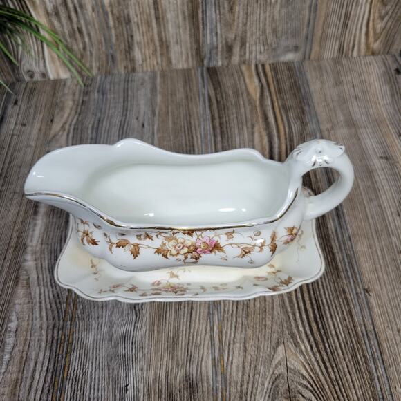 Antique Henry Alcock Gravy Boat Under Plate, Brown Transferware, Semi-Porcelain - Picture 2 of 5